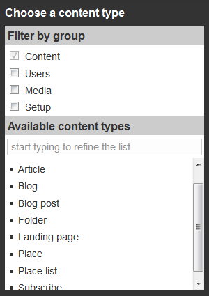 Content Type choice menu