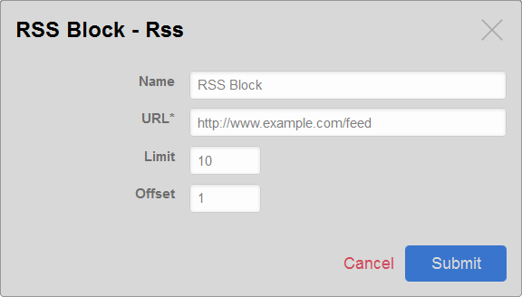 RSS block configuration window