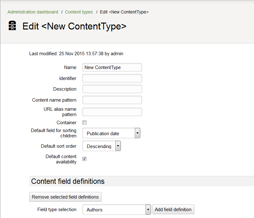 Empty form for creating a new Content Types