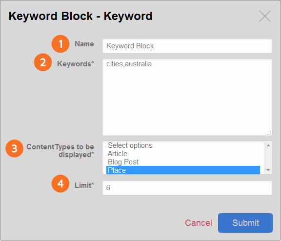 Keyword Block configuration window