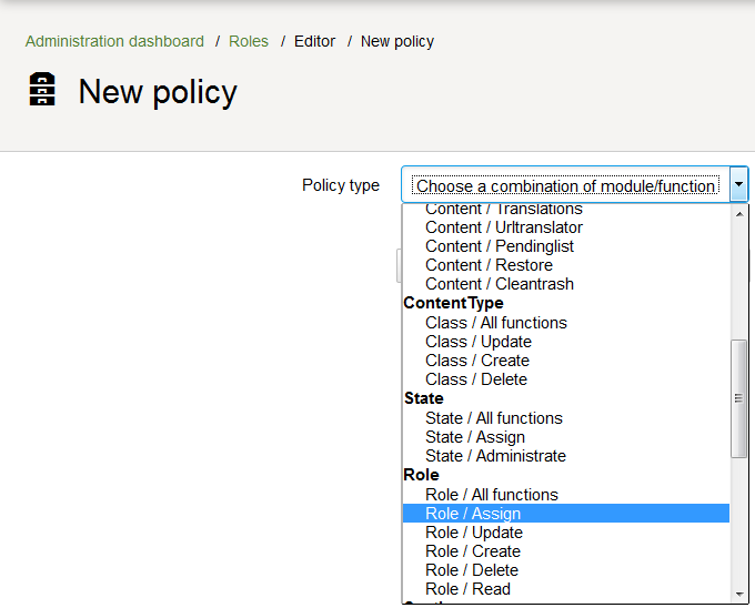 Drop-down with available new Policies