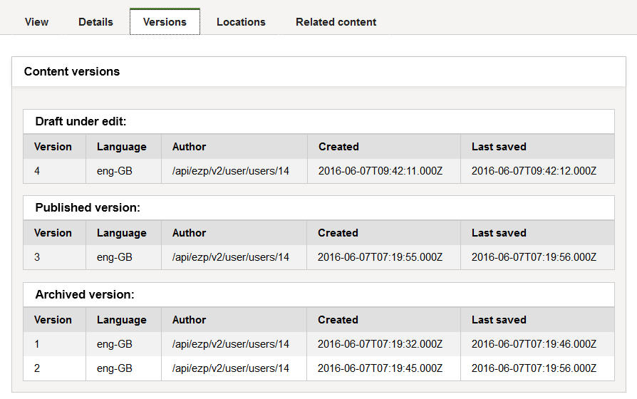 Versions of a Content item in Versions tab
