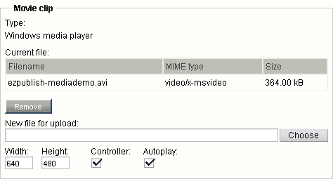 Object attribute edit interface for the "Media" datatype (Windows media).